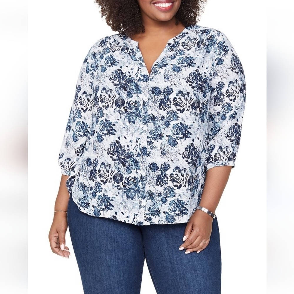 NYDJ Pleated‎ Pintuck Blouse In Mountain View Abstract Top Feminine Preppy